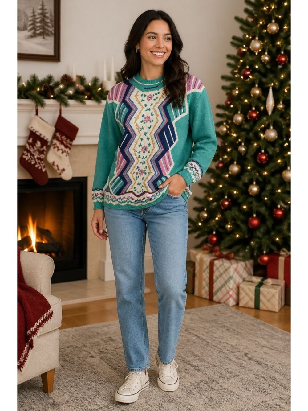 62 East Women's Long Sleeve Knit Pullover Sweater Teal Size S Grannycore floral